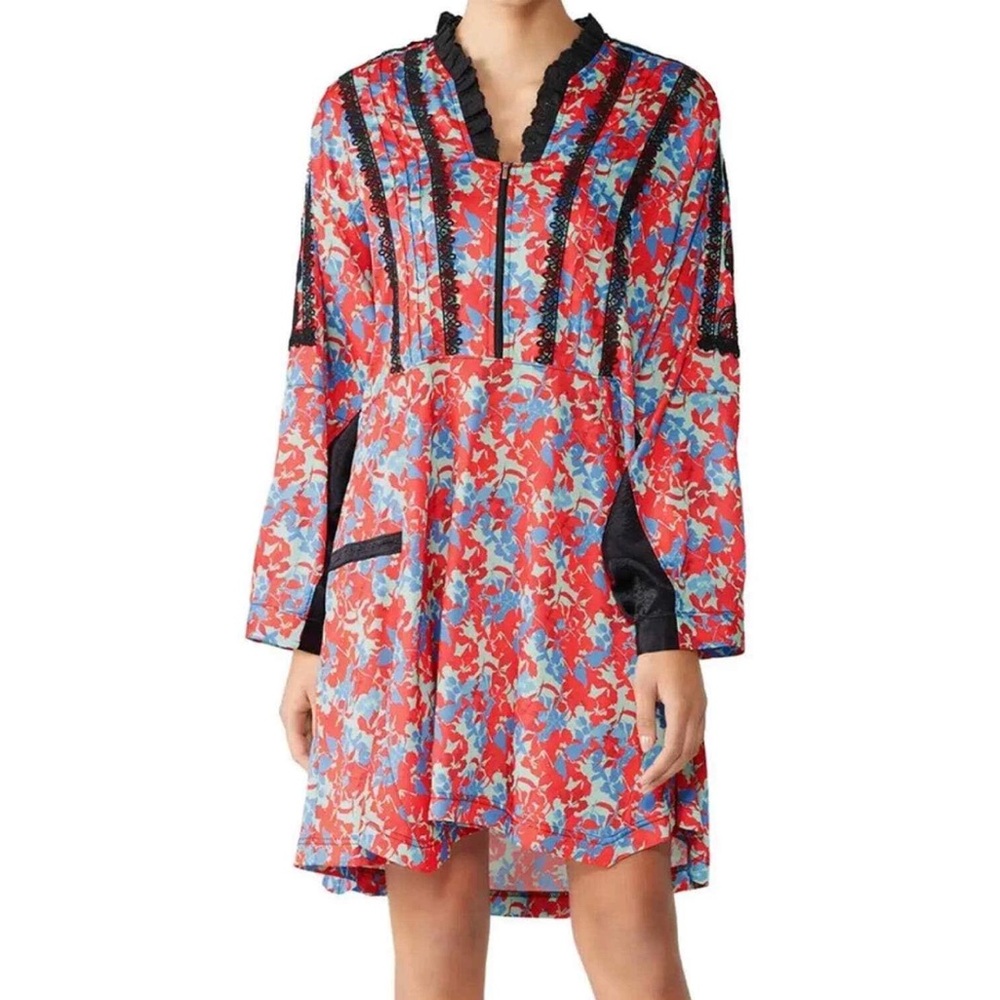 Women's Red Floral V-Neck Tunic Dress with Black Trim